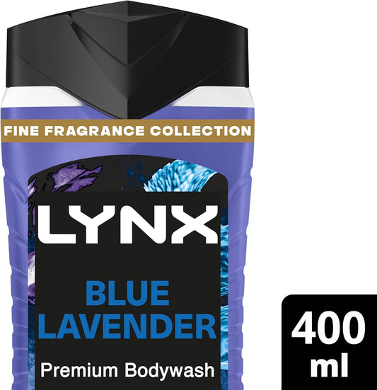 Lynx Fine Fragrance Collection Blue Lavender Premium Body Wash Body Cleanser Shower Gel With A Lavender, Mint & Amber Scent For 12 Hours Of Freshness 400 Ml