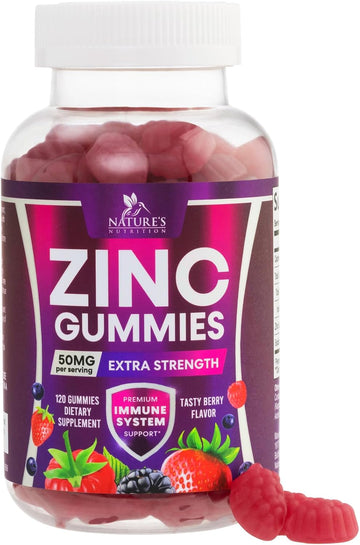 Zinc Gummies 50Mg - Extra Strength Bone Skin & Immune Health Support Gummy & Antioxidant Chewable Supplement For Adults - Non-Gmo, Vegan & Gluten Free Zinc Vitamin, Mixed Berry Flavor - 120 Gummies