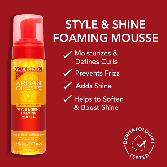 Creme Of Nature Argan Oil Foaming Mousse, Style & Shine, Creates Soft Wraps, Defines Curls, Prevents Frizz & Adds Exotic Shine, 7 Fl Oz