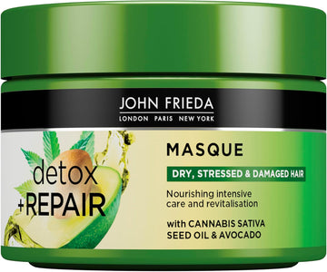 John Frieda Detox & Repair Masque 250 Ml, Intensive Deep Conditioner For Dry, Stressed And Damaged Hair, Nourishing Hair Mask With Cannabis Sativa Seed Oil And Avocado