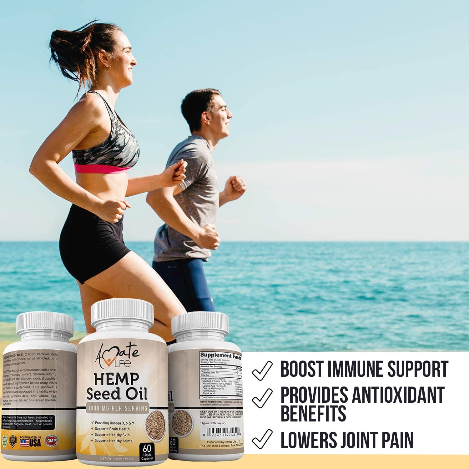 Amate Life Hemp Oil Capsules for Pain Support with Omega 3 6 9 Seed Oi