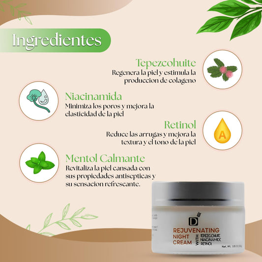 Rejuvenating Facial Night Cream With Retinol, Tepezcohuite, Niacinamide - Cruelty-Free, Vegan, Paraben-Free Silicone-Free Mexican Natural Skincare Ingredients