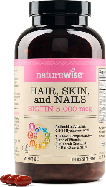 Naturewise Hair Skin And Nails Vitamin, Biotin 5000Mcg W/Hyaluronic Acid, Collagen For Women With C, B Complex, D3, A, E, Iron - Non-Gmo, Gluten Free - 540 Softgels[6-Month Supply]