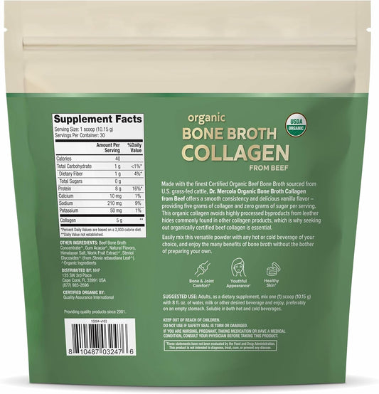 Dr. Mercola Organic Bone Broth Collagen Powder - Supports Bone Health & Muscle Growth - Usda Organic, Non-Gmo, Gluten-Free & Dairy-Free - 30 Servings - Vanilla Flavor