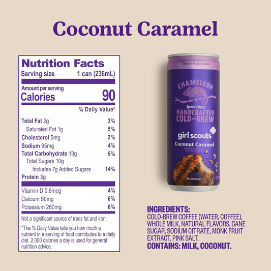 Chameleon Cold Brew Coffee Latte Variety Pack, Includes Girl Scout Thin Mint, Coconut Caramel, Peanut Butter & S'Mores, 8 Oz Canned Coffee (12 Pack)