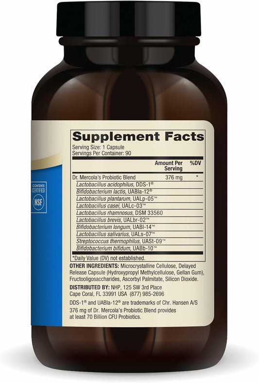 Dr. Mercola Complete Probiotics - 70 Billion Cfu - Supports Immune, Digestive & Gut Health - Features 10 Strains - Shelf Stable - Gmo-Free, Gluten-Free & Soy-Free - 90 Capsules (90 Servings)