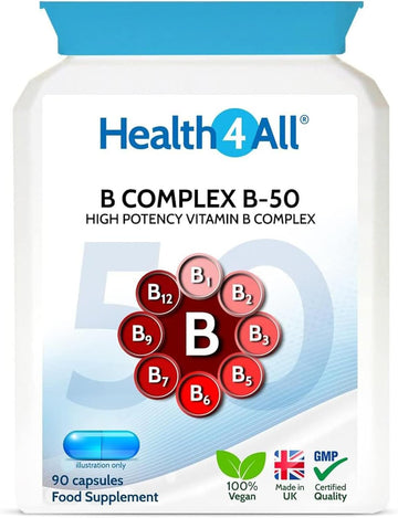 Health4All Vitamin B Complex B-50 90 Capsules, 3 Months Supply, High Potency Vegan B-Complex With Paba | Support Cognitive Functions, Energy, Tiredness & Fatigue | Made In Uk (Not Tablets)