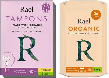 Rael Bundle - BPA Free Slim Applicator (Regular & Super, 40 Count) & Organic Cotton Cover Liners (Long, 36 Count)