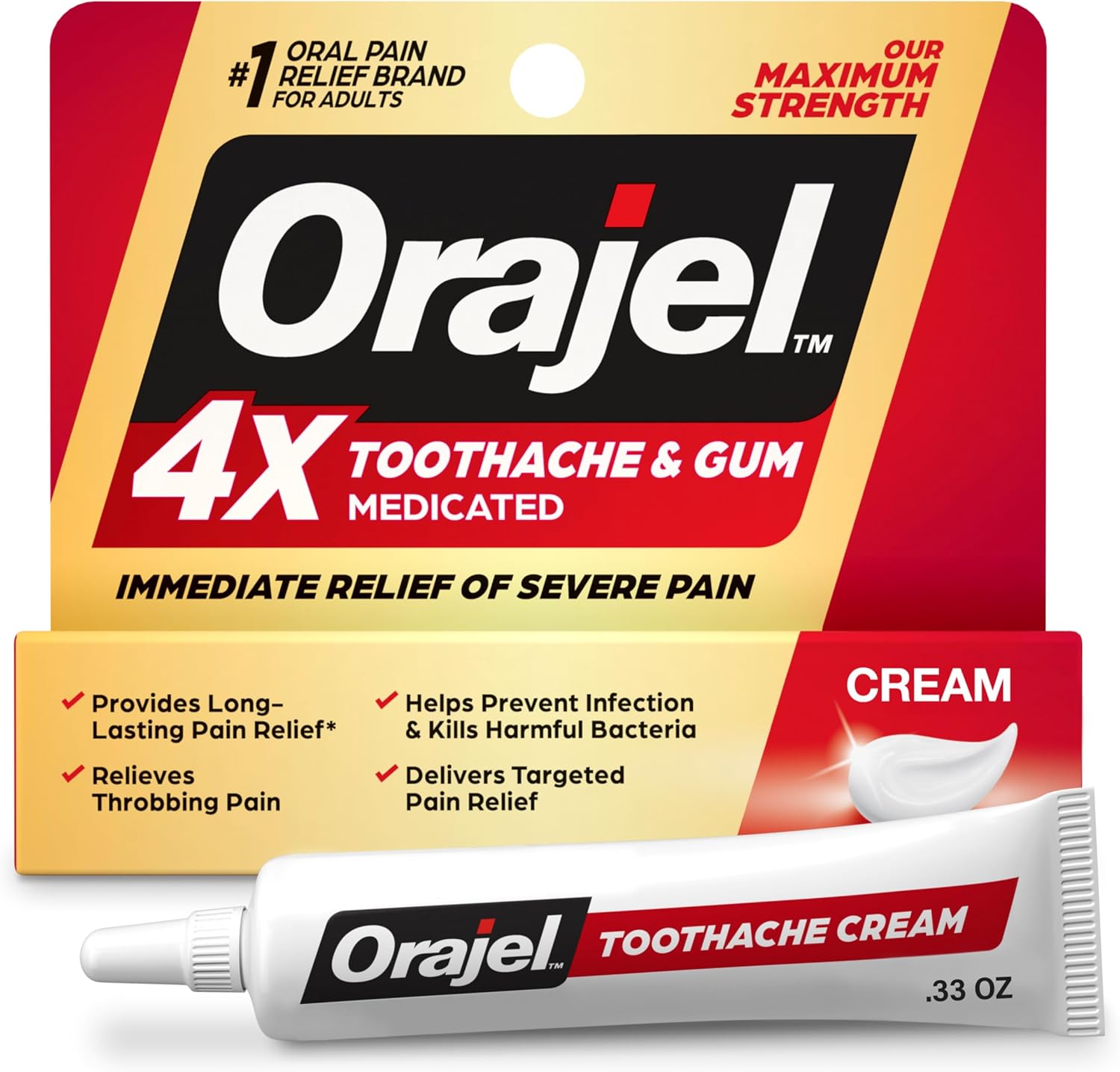 Orajel 4X For Toothache & Gum Pain: Severe Cream Tube 0.33Oz- From Oral Pain Relief Brand