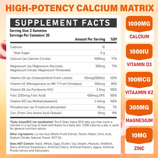 Calcium Magnesium Zinc Supplement Gummies With Vitamin D3 K2 & B Complex For Women Men 1000Mg Calcium Citrate With Magnesium Gummies For Bone, Muscles & Immune Support, Sugar Free, Vegan