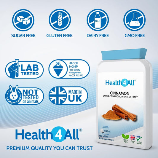 Health4All Cinnamon Tablets 2000Mg Per Tablet 180 Tablets, Vegan Cinnamon Supplement, Blood Sugar Balance Tablets (Not Capsules)