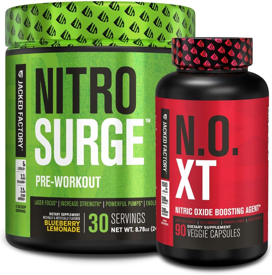 Jacked Factory Nitrosurge Pre-Workout In Blueberry Lemonade & N.O. Xt Nitric Oxide Booster For Men & Women