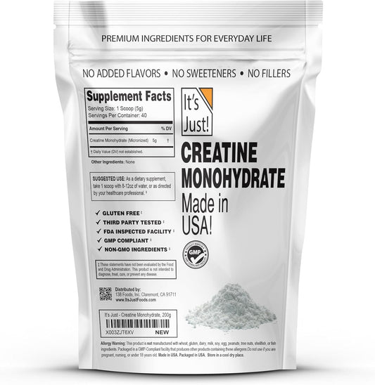 It'S Just! - Creatine Monohydrate Powder, Pure Creatine Powder, Made In Usa, 3Rd Party Lab Tested, 5G Per Serving, Scoop Included, No Fillers, No Added Flavor (Unflavored, 200G / 40 Servings)