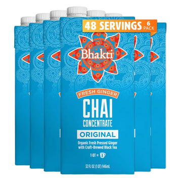 Bhakti Chai Fresh Ginger & Black Tea Concentrate, Original, Vegan, Organic, Fair Trade, Kosher, Gluten-Free, & All-Natural Clean Ingredients, 32 Ounce Cartons (Pack Of 6)