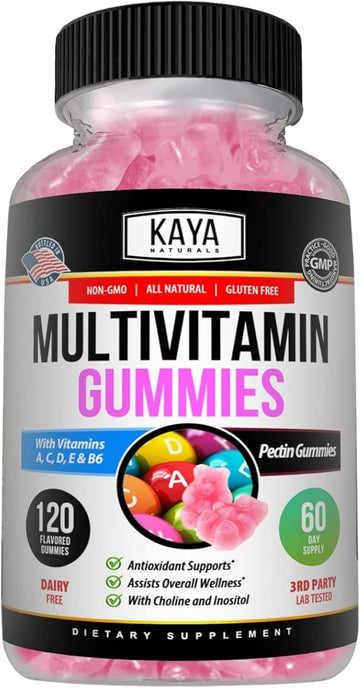 Kaya Naturals Adult Multi Vitamin Gummy, 120 Count, Biotin, Vitamin A, C & E, Including Zinc &Vitamin B-12, Folic Acid, Strawberry Flavor (120 Gummies)