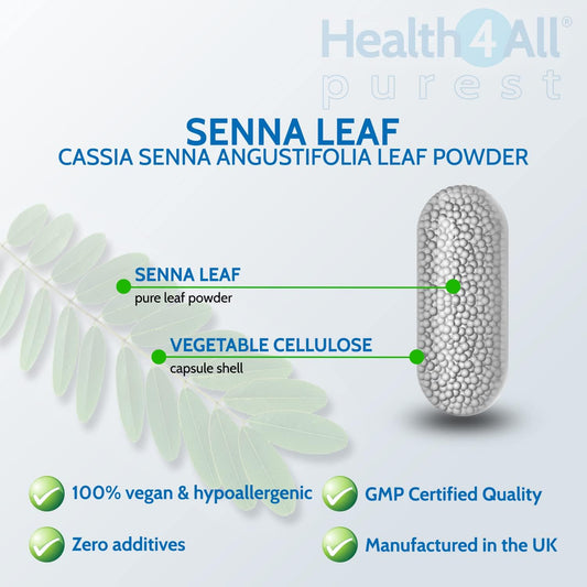 Health4All Senna Leaf 400Mg 60 Capsules Pure Natural Herbal Overnight Relief, Stool Softener, Additive Free Regularity Supplement, Vegan Senna Leaf Capsules (Not Tablets) | Made In Uk