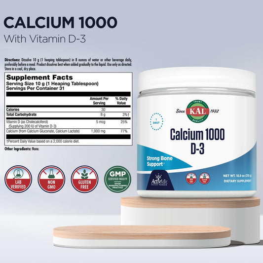 Kal Calcium Vitamin D-3 Activmix, Powder Calcium Supplement, Bioavailable Calcium Lactate And Gluconate, Bone Health Support, Unflavored, Non-Gmo, Gluten Free, 60-Day Guarantee, 31 Servings, 10.9 Oz