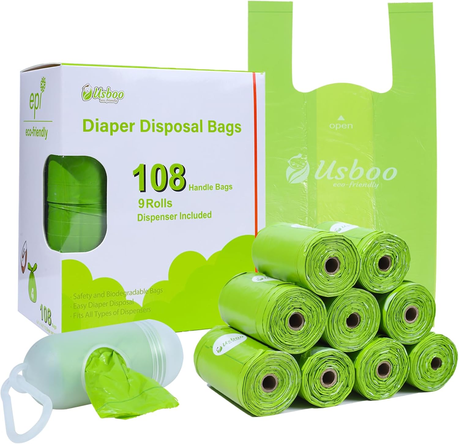 Disposable Diaper Bags For Baby, 9 Refill Rolls/108 Bags?Oxo-Biodegradable Diaper Sacks With Dispenser,Easy-Tie Handles,Large Dirty Diaper Disposal Or Pet Waste Bags