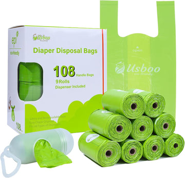 Disposable Diaper Bags For Baby, 9 Refill Rolls/108 Bags?Oxo-Biodegradable Diaper Sacks With Dispenser,Easy-Tie Handles,Large Dirty Diaper Disposal Or Pet Waste Bags