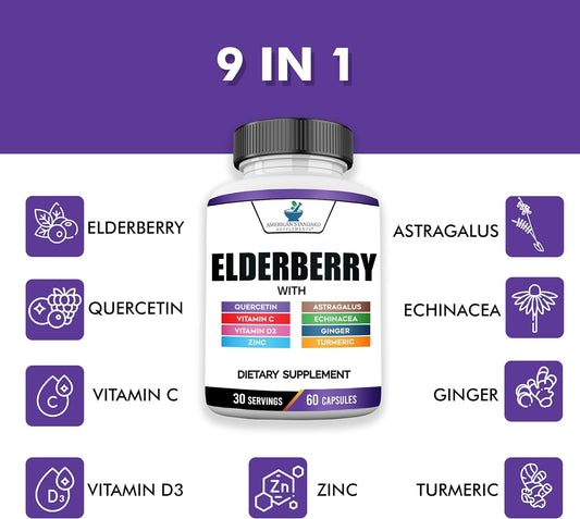 American Standard Supplements Elderberry Extract With Quercetin, Vitamin C, D3, Ginger, Zinc, Turmeric & Echinacea – Immune Support Supplement – – 60 Capsules