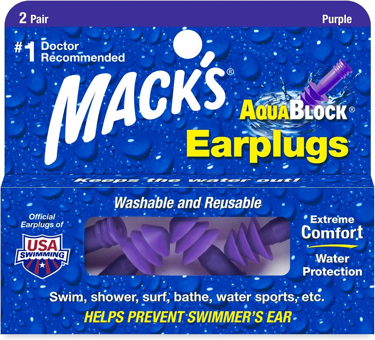 Mack's AquaBlock Swimming Earplugs, 2 Pair - Comfortable, Waterproof, Reusable Silicone Ear Plugs for Swimming, Snorkeling, Showering, Surfing and Bathing (Purple)