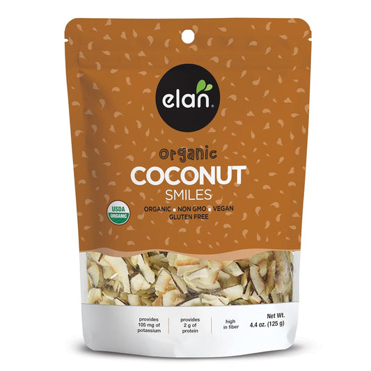 Elan Organic Coconut Smiles, Dried Coconut, Lightly Roasted, Unsweetened Coconut Chips, No Sugar Added, Non-GMO, Vegan, Gluten-Free, Kosher, 8 pack of 4.4 oz