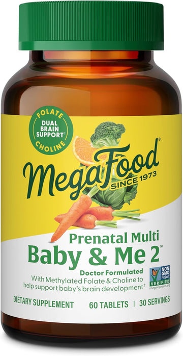 Megafood Baby & Me 2 Prenatal Vitamin And Minerals - Vitamins For Women - With Folate (Folic Acid Natural Form), Choline, Iron, Iodine, And Vitamin C, Vitamin D And More - 60 Tabs (30 Servings)