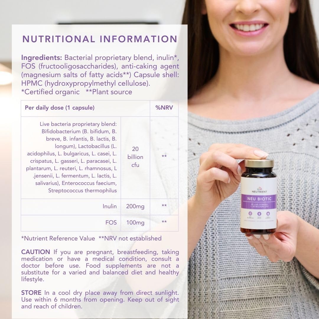 Neutrient Neu Biotic Probiotic Gut Health Supplements – 20 Billion High Strength Friendly Bacteria – 60 Capsules