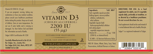 Solgar Vitamin D3 (Cholecalciferol) 2200 IU (55 mcg) Vegetable Capsules - Pack of 50 - Food Supplement - For Healthy Bones, Teeth and Muscle Function - Supports Immunity - Gluten Free