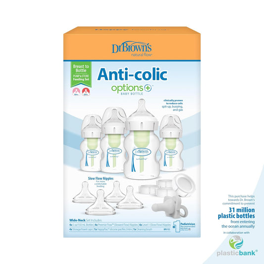 Dr. Brown'S Anti-Colic Wide-Neck Feeding Set With Slow Flow Nipples, Travel Caps & Silicone Pacifier