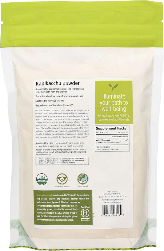 Banyan Botanicals Kapikacchu Mucuna Pruriens – Organic Herbal Powder – Energizing, Supports Healthy Nervous & Reproductive Systems* – Natural Source of L-Dopa – 1. – Non-GMO Sustainably Sourced Vegan