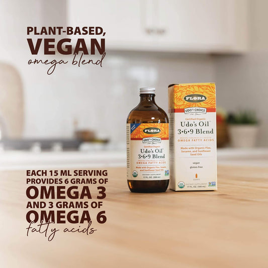 Flora - Udo'S Choice Omega 369 Oil Blend, Made With Organic Flax, Sesame & Sunflower Seed Oils, Plant-Based Vegan Omega Fatty Acids, Based On Ideal 2:1:1 Ratio, 8.5-Fl. Oz. Glass Bottle