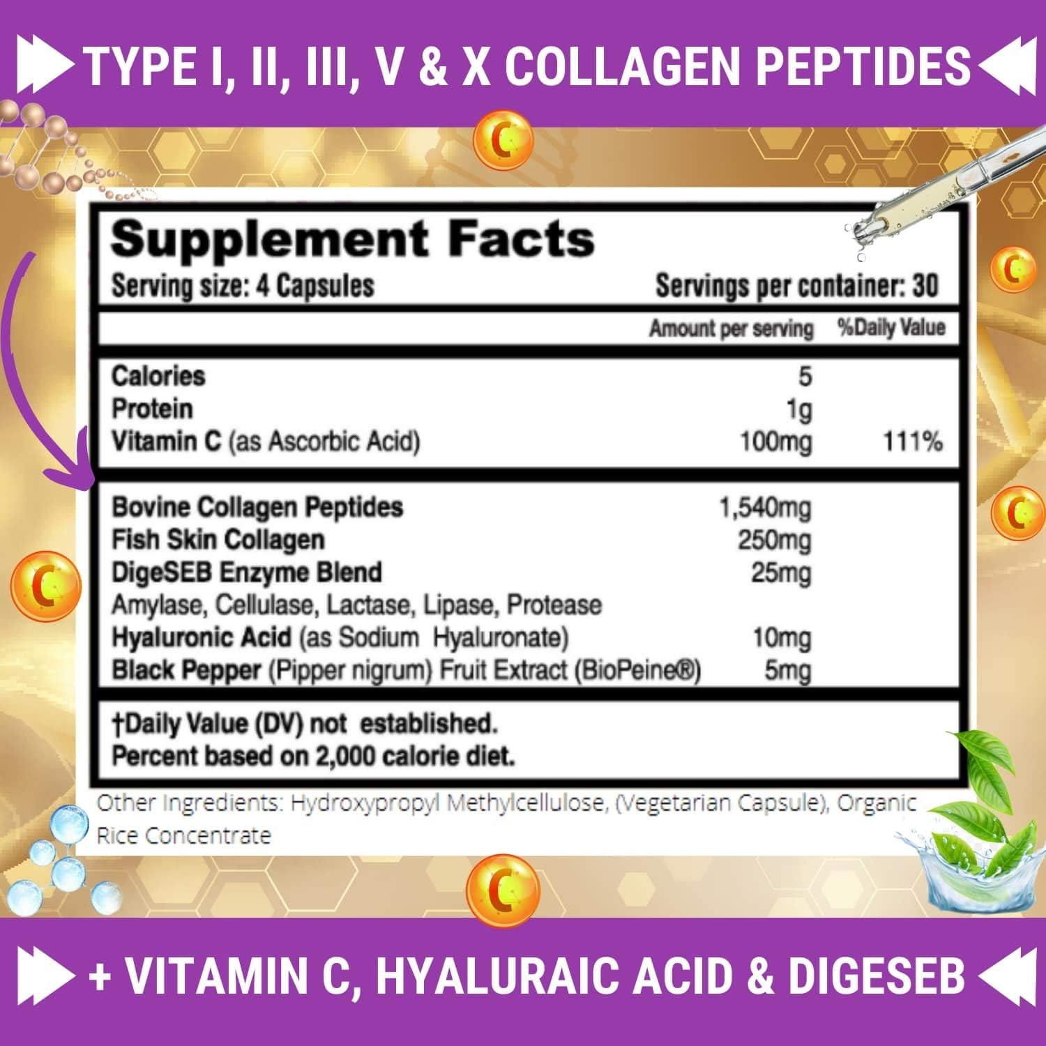 Fresh Healthcare Multi Collagen Pills With Type I, Ii, Iii, V & X Peptides With Vitamin C, Hyaluronic Acid - Supports Healthy Hair, Skin, Nails And Joints - 120 Kosher Capsules : Health & Household