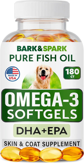 BARK&SPARK Omega 3 for Dogs - 180 Fish Oil Softgels for Dog Shedding, Skin Allergy, Itch Relief, Hot Spots Treatment - Joint Health - Skin and Coat Supplement - EPA & DHA Fatty Acids - Salmon Oil