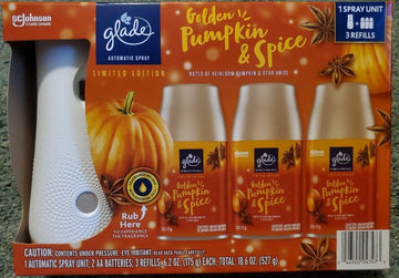 Glade Automatic Spray Holder & 3 Refills Golden Pumpkin Spice NEW Air Freshener