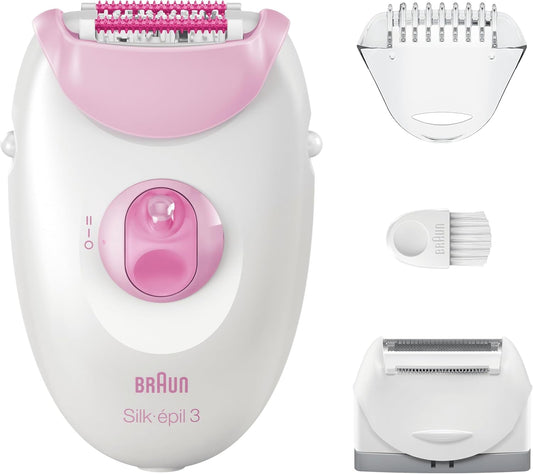 Braun Silk-Épil 3, Corded Epilator For Hair Removal, Weeks Of Smooth Skin, With Lady Shaver Head & Trimmer Comb, 3-031, Pink