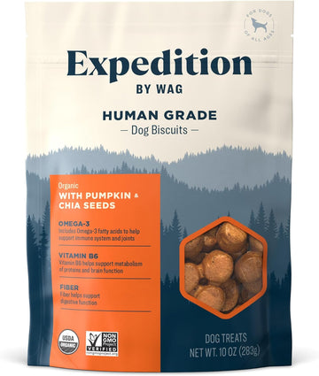 Amazon Brand - Wag Expedition Human Grade Organic Biscuits Dog Treats, Non-Gmo, Pumpkin & Chia Seed, 10 Oz, Pack Of 1