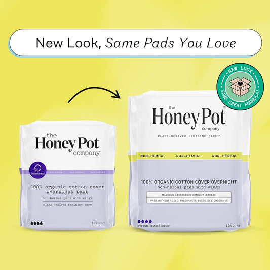 The Honey Pot Company - Pads For Women - Non-Herbal Overnight Pads W/Wings - Organic Cotton Cover, & Ultra-Absorbent Pulp Core - Sanitary Pads For Women - Feminine Care - Fsa & Hsa Eligible - 12 Ct