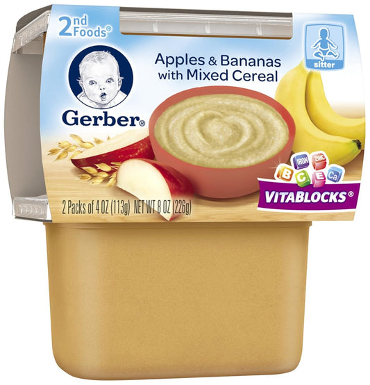 Gerber Baby Food 2Nd Foods, Mixed Cereal, Apple & Banana With Mixed Cereal Puree, 4 Ounce Tubs, 2-Pack (Pack Of 8)