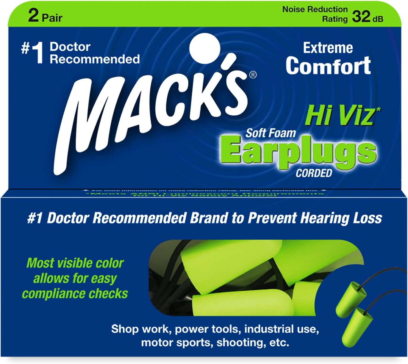 Mack?s Hi Viz Soft Foam Earplugs, 2 Pair ? Most Visible Color, Easy Compliance Checks, 32dB High NRR ? Comfortable, Safe Ear Plugs for Shop Work, Industrial Use, Motor Sports and Shooting