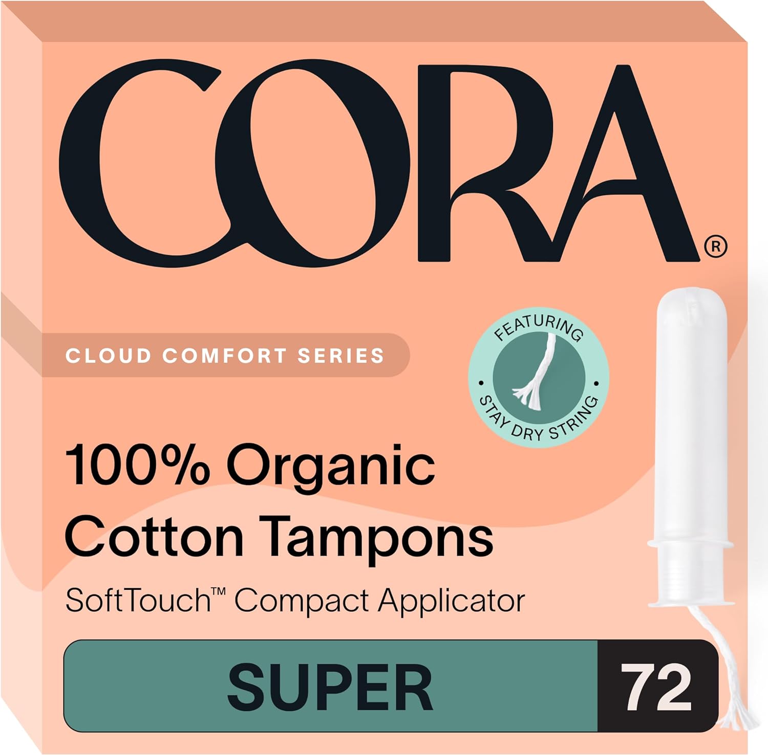 Cora Organic Applicator Tampons | Super Absorbency | 100% Organic Cotton, Unscented, Bpa-Free Compact Applicator | Leak Protection | Packaging May Vary | 72 Total