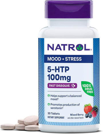 Natrol 5-Htp Fast Dissolve Tablets, Helps Maintain A Positive Outlook, Enables Production Of Serotonin, Drug-Free, Controlled Release, Maximum Strength, Wild Berry Flavor 30 Count (Pack Of 1)