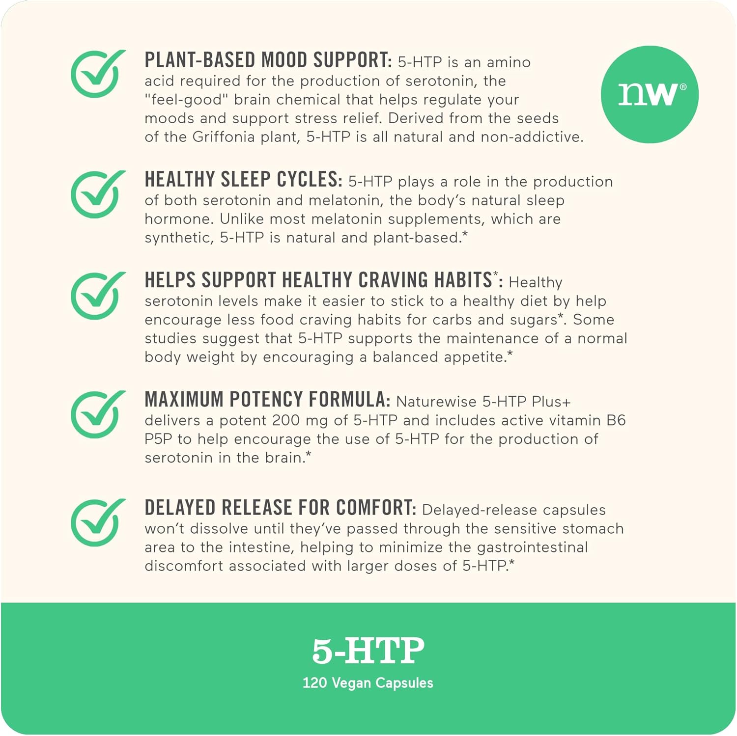 NatureWise 5 HTP 100mg, 5 HTP Supplement w/Vitamin B6, from Griffonia Seeds - Mood Support Supplement, Natural Sleep Aids for Adults - Delayed Release Capsule, Vegan - 120 Count[2-4 Month Supply] : Health & Household