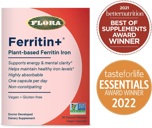 Flora - Ferritin+ Plant-Based Iron, Helps Maintain Healthy Iron Levels, Non-Constipating, Highly Absorbable, Supports Energy & Mental Clarity, Vegan Iron Supplement, 30 Delayed Release Vegan Capsules