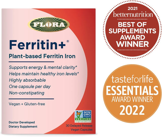 Flora- Iron Ferritin+ Plant-Based Supplement For Women - Non-Constipating, Highly Absorbable - Supports Vitality & Wellness - Vegan Iron Supplement From Flora Health - 30 Capsules - Delayed Release