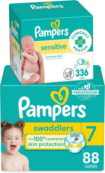 Pampers Swaddlers Disposable Baby Diapers Size 7, One Month Supply (88 Count) With Sensitive Water Based Baby Wipes 4X Pop-Top Packs (336 Count)