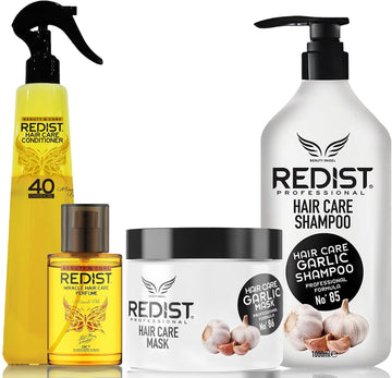 Redist Garlic Hair Shampoo 1000Ml & Garlic Hair Mask 500Ml & 40 Overdose Conditioner 400Ml & Hair Parfume 50Ml | Prevents Hair Loss, Strengthens And Nourishes Hair | For Dry Damaged Hair | Care Set