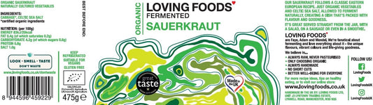 Loving Foods Award-Winning *Organic & Made In The Uk* Sauerkraut (475G) Raw, Unpasteurised & Bursting With Beneficial Live Bacteria (6 X Jars)