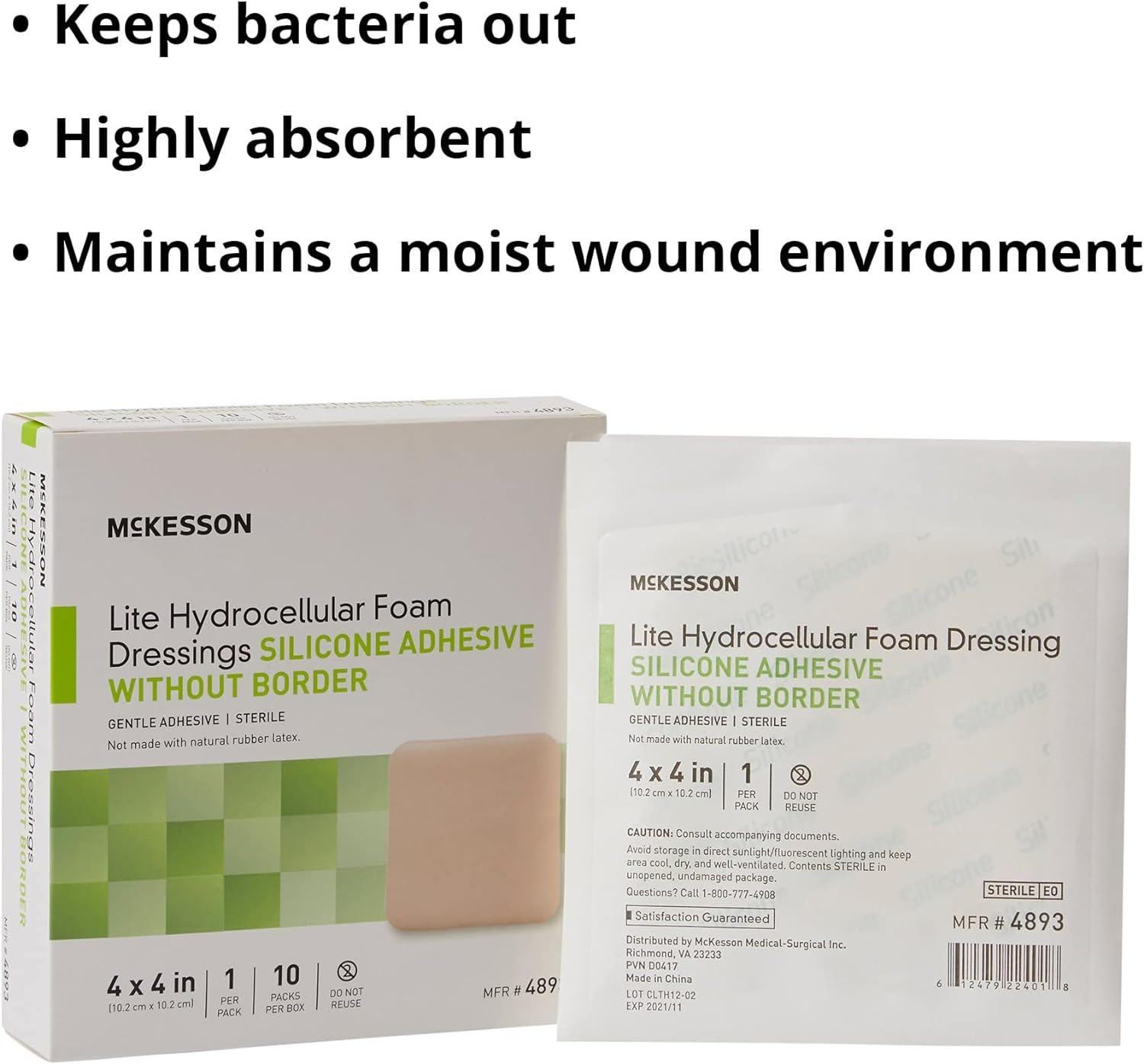 McKesson Lite Hydrocellular Foam Dressings, Sterile, Silicone Adhesive Without Border, 4 in x 4 in, 10 Count, 1 Pack