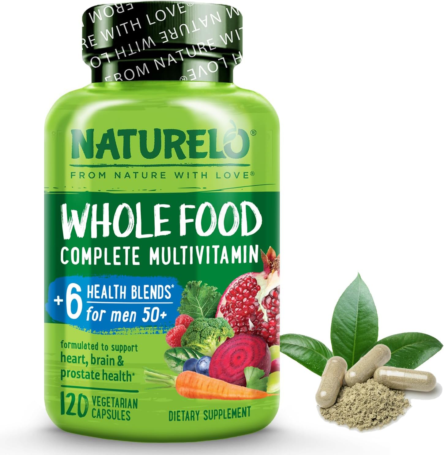 Naturelo Whole Food Multivitamin For Men 50+ - With Vitamins, Minerals, Organic Herbal Extracts - Vegan Vegetarian - For Energy, Brain, Heart And Eye Health - 120 Capsules